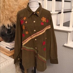 Quizz Vintage Western Corduroy Embroidered Floral Long Sleeve Shirt Plus Size 20